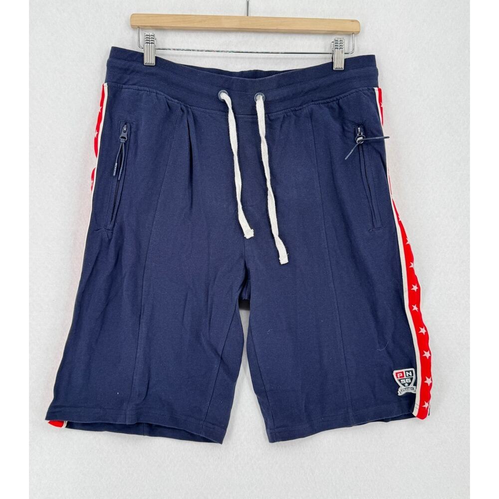 Parish Nation PN 56 Mens Navy Blue Fleece Side Stripes Bermuda Shorts Sz L NEW